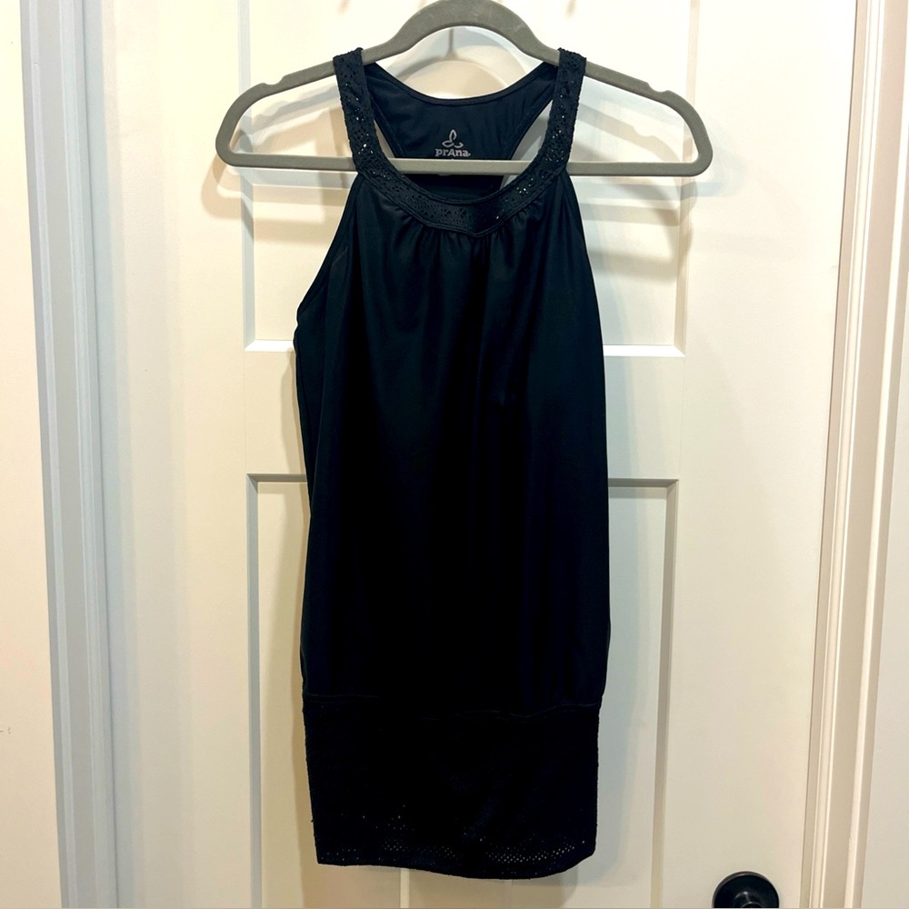 prAna Women’s Tankini Top Or Swim Cover Up Size Small Solid Black Crochet Accent